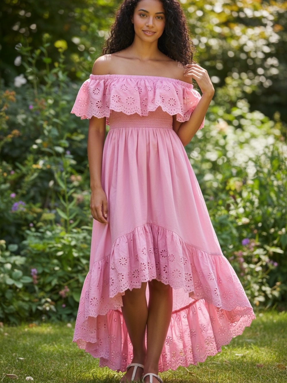HYFVE Pink Off-Shoulder Eyelet Hi-Low Dress